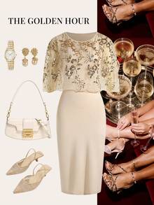 Ellevyn Apricot Elegant Sequin Embellished Fitted Cape Dress - Apricot - View 9