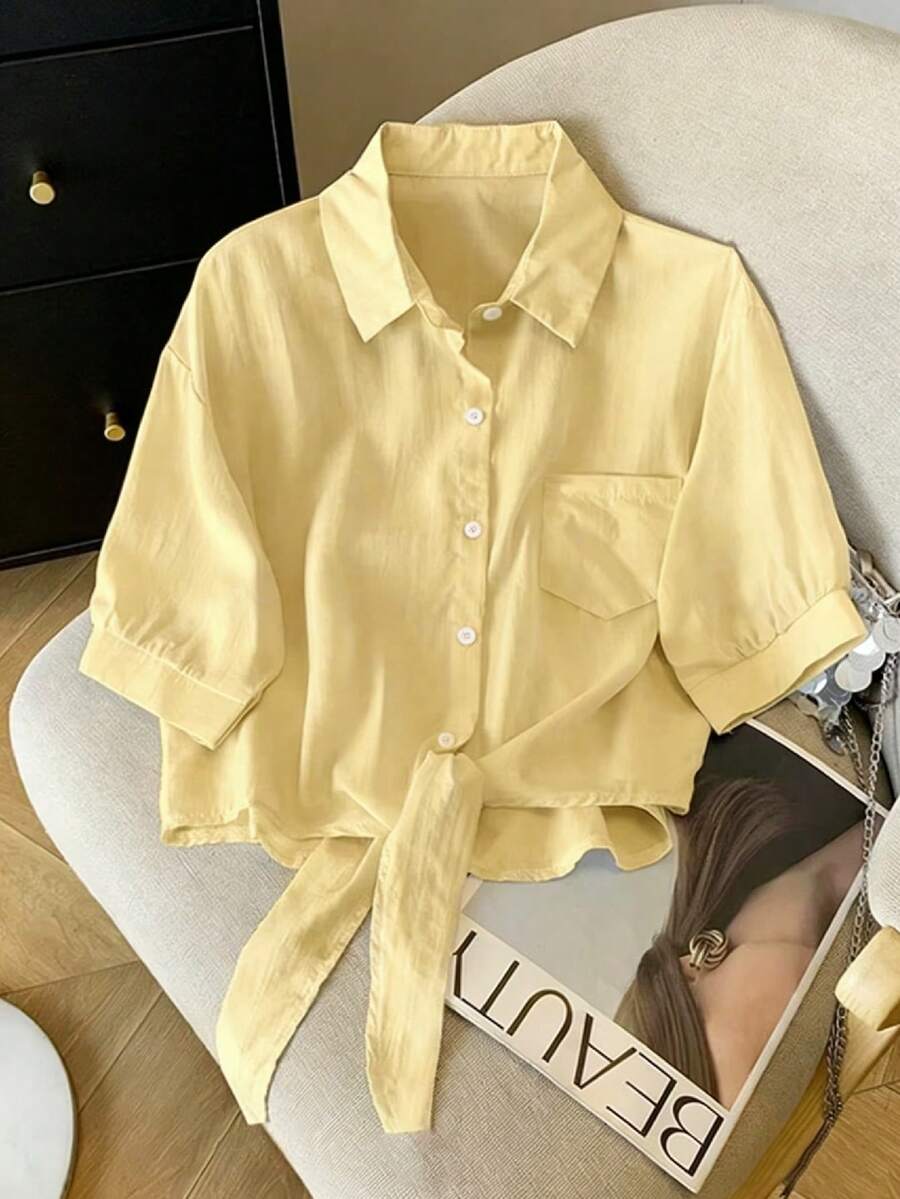 Resyla 新款休闲复古女式翻领短袖系带防晒衬衫 - 黃色 - 查看 1