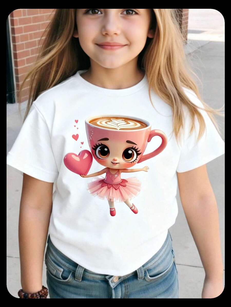 SHEIN Young Girl Casual Fashion Creative Cute Cartoon Kawaii Ballet Girl Heart Graphic Print Relaxed Basic Short T-Shirt, Suitable For Atmosphere Top - White - View 1