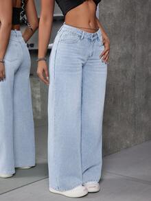 SHEIN ICON Quần jeans cạp thấp dáng chữ V, kiểu dáng thường ngày, đã qua xử lý giặt. - Rửa nhẹ - Xem 4