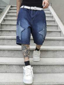 Manfinity EMRG Quần short denim vá với họa tiết ngôi sao ngược - Màu xanh lam - Xem 6