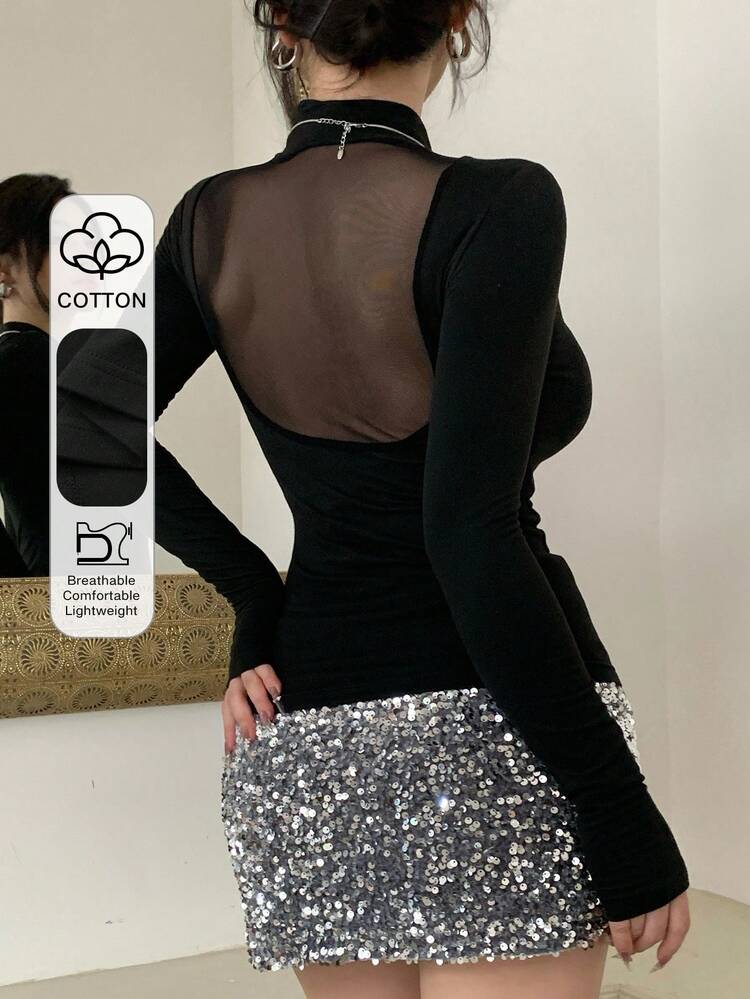 Women's Fitted Mesh Patchwork High Neck Long Sleeve Undershirt, Suitable For Wedding, Party, Spring/Summer/Autumn Going Out Tops Women
