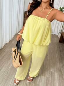 SHEIN LUNE Summer Fashion Solid Color Camisole Top And Pants Set, Plus Size Vacation Casual 2-Piece Outfit For Women - Light Yellow - View 1