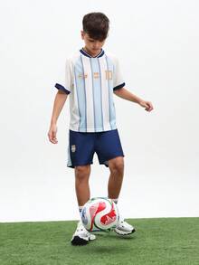 SUMWON Boys Argentina Style Soccer Jersey And Shorts Set Light Blue White Striped Football Kit With Number 10 Print V Neck Short Sleeve Outfit , World Cup - Multicolor - View 1