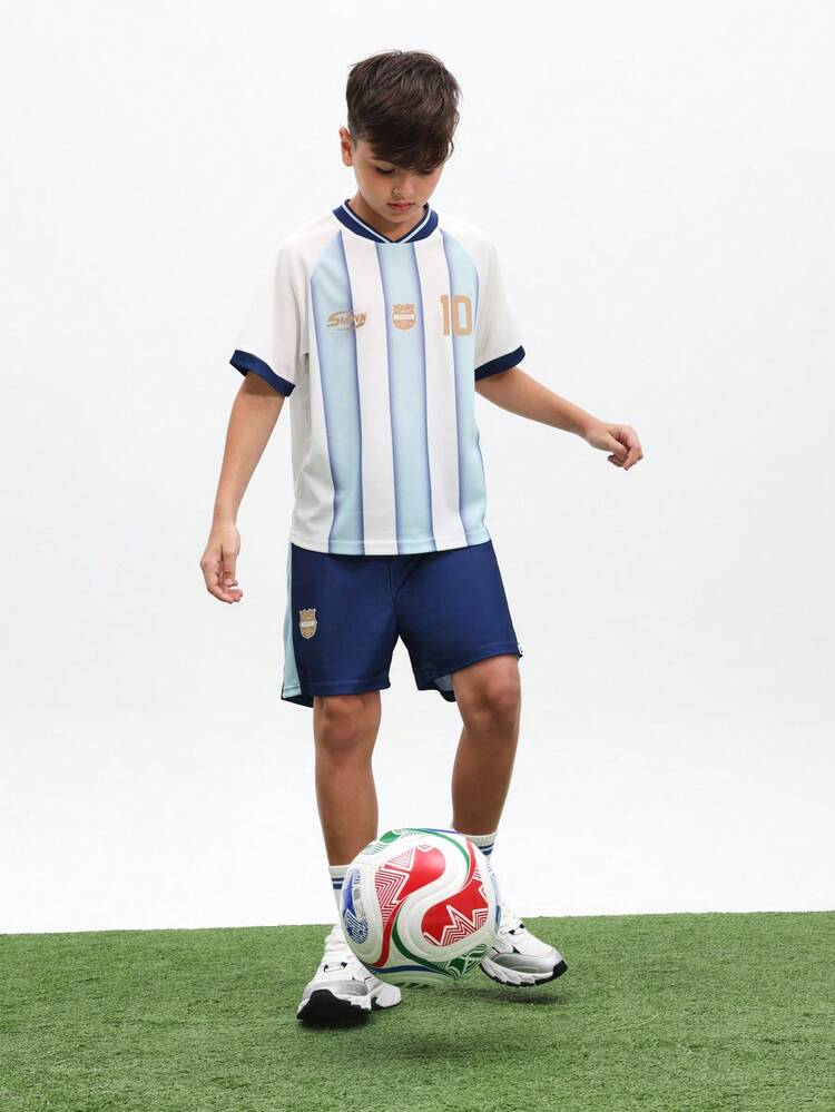 Boys Argentina Style Soccer Jersey And Shorts Set Light Blue White Striped Football Kit With Number 10 Print V Neck Short Sleeve Outfit , World Cup