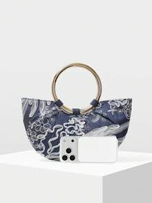 MOTF PREMIUM BOLSO DE MANO PARA MUJER, BOLSO DE TOTE SEMI-REDONDO CON BORDADO DELICADO - Azul Marino - Ver 4