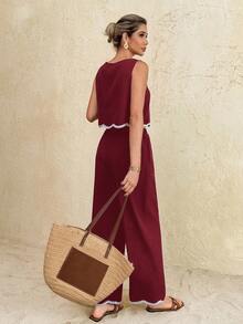 SHEIN Frenchy 女士弧形下摆圆领背心和裤子两件套 - 酒紅色 - 查看 2