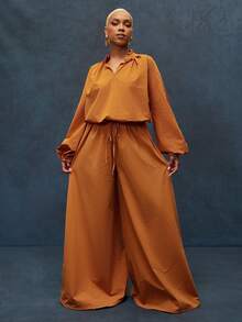 Solid Woven Drawstring Adjustable Waist Wide Leg Flowy Pants - Redwood - View 2