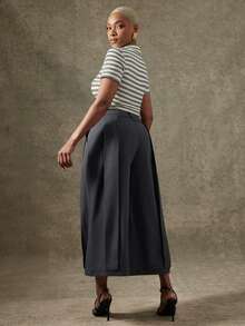 Vixey Quần culotte công sở cạp cao, chất liệu dệt trơn, có chi tiết phối vải. - Màu xám đen - Xem 5
