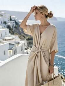 SHEIN Holidaya V领短袖松紧腰扭结长连衣裙，适合春、夏、秋、冬四季穿着，适合通勤、日常穿着，优雅百搭，适合派对、海滩、浪漫、情人节、毕业典礼、时尚休闲、商务、办公等场合。 - 杏色 - 查看 5