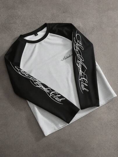 PAVTROS Herren Langarm Rundhals T-Shirt, Farbblock in Schwarz und Weiß, Raglanärmel, handgeschriebener englischer Aufdruck, locker geschnitten