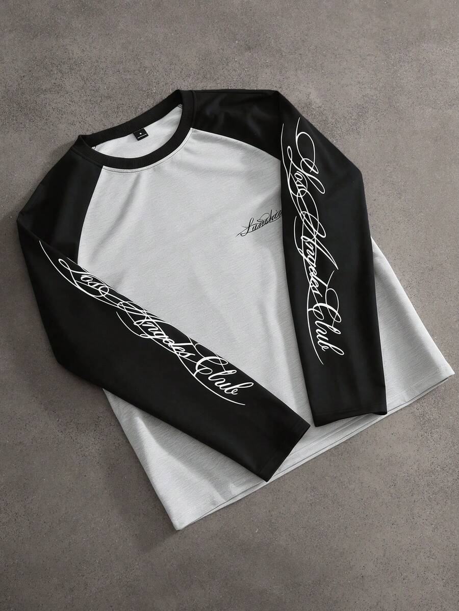PAVTROS Men's Long Sleeve Round Neck T-Shirt, Black And White Color Block, Raglan Handwritten English Print, Loose Fit Racing Mens Graphic - Multicolor - View 1