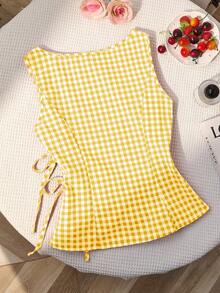 Sweetra 复古格子圆领设计学院风性感少女无袖衬衫，夏季新款系带修身精致甜美女式衬衫 - 黃色 - 查看 3