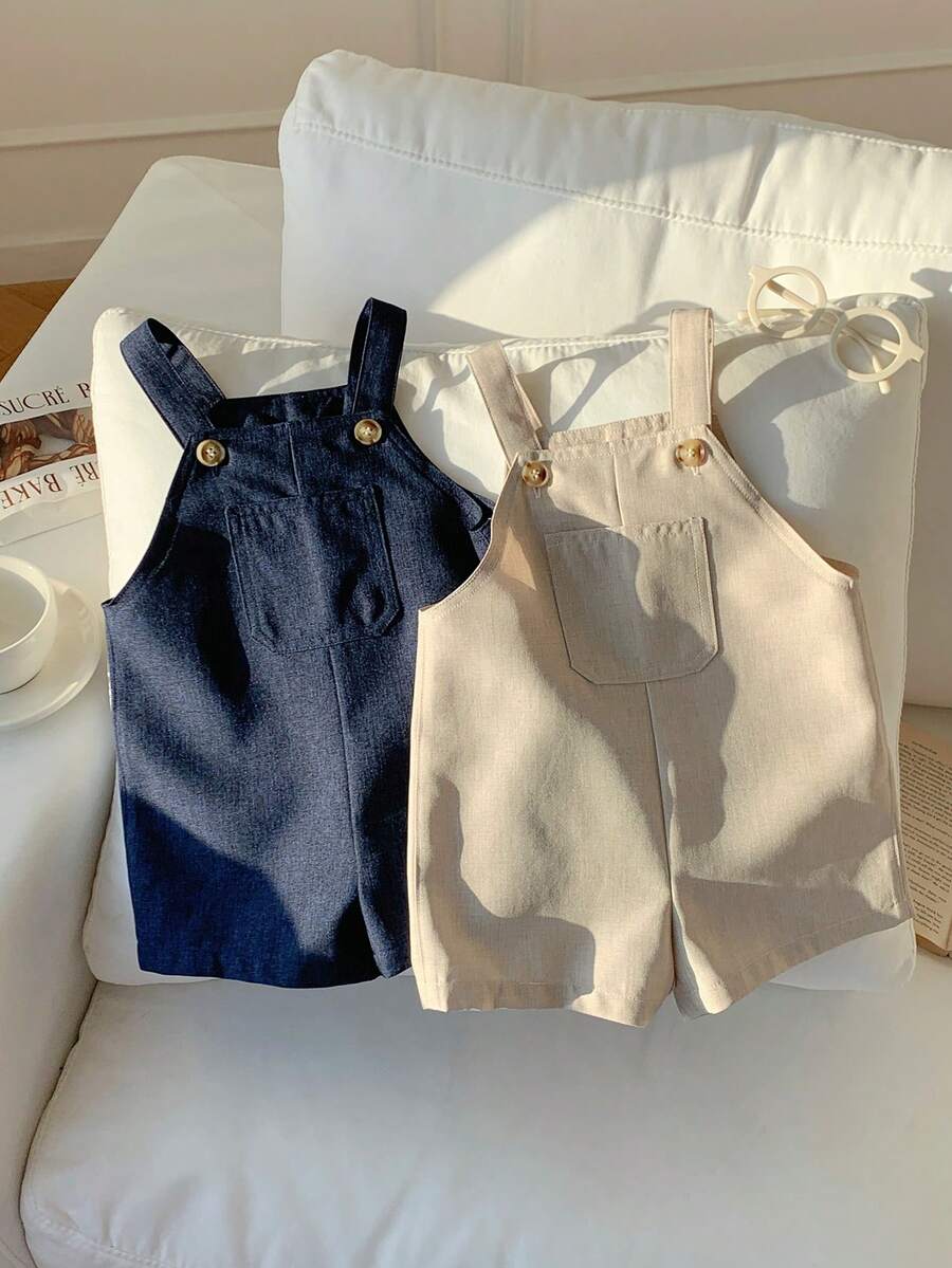 SHEIN 2件組男嬰休閒日常可愛百搭春夏純色吊帶短褲，適合度假與外出