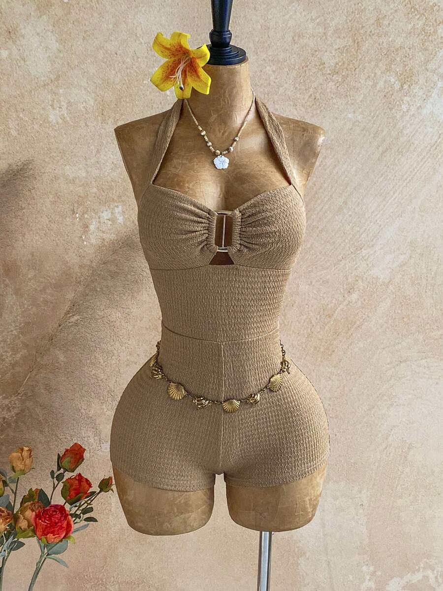 Soleia Bộ áo liền quần cổ yếm xếp ly màu kaki dành cho nữ, thích hợp cho kỳ nghỉ. - Màu Khaki - Xem 1