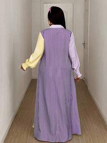 Maweii Gaun Maxi Wanita Ukuran Plus Motif Garis-garis Ungu dengan Belahan Tinggi, Gaun Maxi Serbaguna untuk Liburan Pantai Musim Panas, Kerah Tegak, dan Manset Berkerut yang Modis untuk Perjalanan Sehari-hari - MultiWarna - View 2