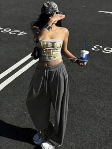 Dazy Tall 女士高挑修身宽松直筒休闲运动裤 夏季 - 深灰色 - 查看 4