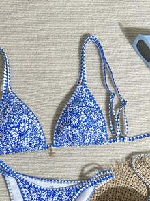 Swim Mod 2026新款女士夏季沙滩休闲度假碎花蓝色吊带金属星星吊坠露背性感高腰两件式比基尼泳衣 - 藍色 - 查看 5