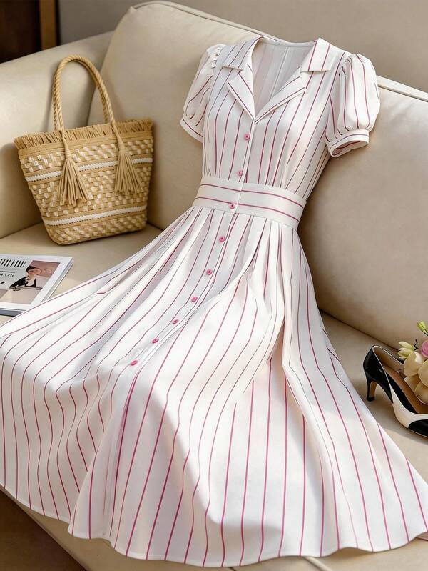 GlowEve Women's Striped Pattern Lapel Design Waist A-Line Dress, Elegant And Charming For Holiday, Commute, Music Festival, Date, French Riviera, Beach, Street Style, Versatile, Spring/Summer, New Arrival Shallow Pink Striped Midi Dress