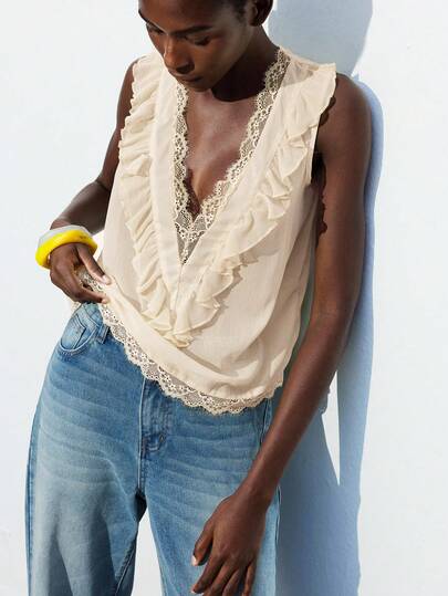 Maija Women's Deep V-Neck Ruffle Casual Versatile Daily Wear Top,Summer Top