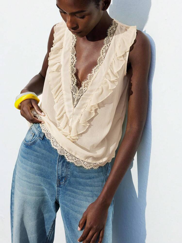 SHEIN Maija Women's Deep V-Neck Ruffle Casual Versatile Daily Wear Top,Summer Top