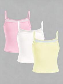 休闲度假热带花卉图案，包括芙蓉花、鸡蛋花、海星和珍珠贝壳，沙滩主题，少女修身休闲运动吊带三件套，白色、浅粉色、米色可选，适合春夏日常穿着、叠穿、外出和度假。 - 彩色 - 查看 2