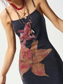 Bohemela Boho Spring/Summer Outfits, Vintage Women's Vacation Beach Bohemia Washed Floral Graphic, Lily Print  Fitted Fashionable Spaghetti Strap Mini Dress, With Beaded Front Detail, Casual Vacation, Western Country Style Concert Party Outfits, Suitable For Beach Vacation Outfit & Daily Wear & Back To School & Going Out Outfits & Party Outfits, 2000s Outfits, Y2k Clothes, Summer Holiday Outfits - Black - View 8