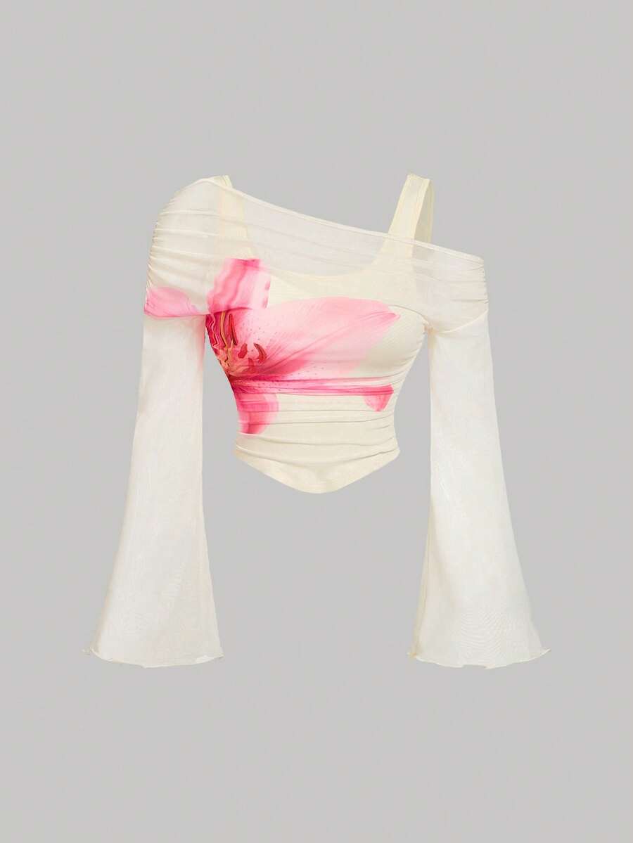 SHEIN MOD 女士修身网眼花卉印花奶油色 T 恤，适合约会、聚会、休闲和工作 - 杏色 - 查看 1