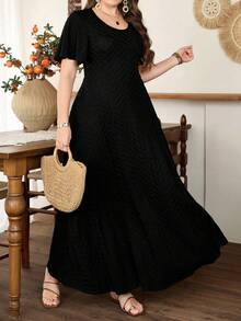 Lacomfia Plus Size Women's Ruffle Hem A-Line Dress, Minimalist Elegant Short Sleeve - Black - View 5