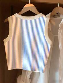 SHEIN 女士休闲基础款紧身蓝白竖条纹背心 - 彩色 - 查看 2
