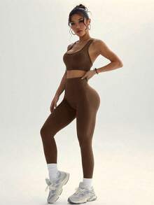 SHEIN Sports 女士露脐背心和紧身裤运动套装 - 咖啡棕 - 查看 4