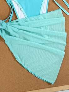 Swim Mod 2026春夏款吊带蓝色渐变露背系带丁字裤比基尼套装，侧边随机渐变网纱开口，适合海滩摄影 - 藍色 - 查看 4