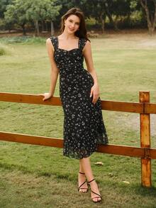 Vintamour 复古经典优雅女士连衣裙，春夏修身印花连衣裙，宽肩带连衣裙，黑色连衣裙 - 黑色 - 查看 6