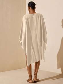 Vesra Áo sơ mi nữ màu trơn, cổ tròn, tay ngắn phía trước, dài phía sau, kiểu dáng thường ngày. - Màu be - Xem 2