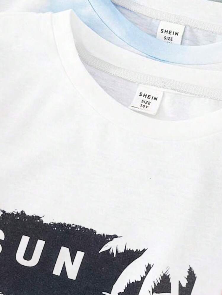 Set de 6 piezas de shorts casuales y cómodos con estampado de coco, camiseta de manga corta y shorts, un conjunto de 3 atuendos versátiles y minimalistas para niños preadolescentes, adecuados para usar al aire libre, en actividades de ocio y deportes - Multicolor - Ver 5