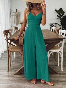 Breezaya Mono de mujer con cuello en V, espalda descubierta y tirantes con lazo, color rosa rojo, para primavera/verano - Verde Oscuro - Ver 5