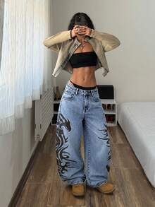 StreetHx Quần jean denim ống suông phong cách đường phố thường ngày, thời trang, in họa tiết retro. - Rửa nhẹ - Xem 5