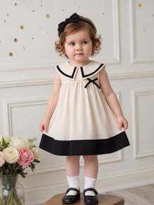女婴可爱拼接彼得潘领蝴蝶结连衣裙 - 黑與白 - 查看 5