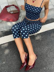 SHEIN EZwear 女士蓝色波点侧开衩修身休闲七分裤，度假风，休闲装 - 彩色 - 查看 7