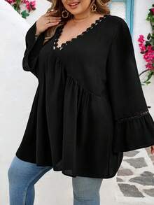 SHEIN CURVE+ 加大码 US22 音乐节、海滨度假、波西米亚风休闲白色喇叭袖波西米亚风亚麻衬衫 沙滩/海滩度假/海滩必备/毕业典礼/下午茶会 黑色娃娃衫上衣 - 黑色 - 查看 6