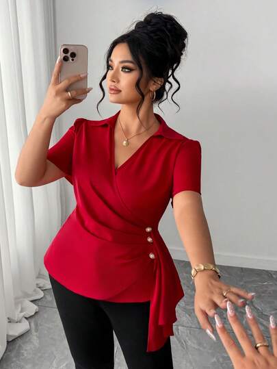 Elenzga 女士春夏酒红色短袖V领腰部装饰纽扣衬衫