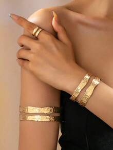 Lumivelle 1set European & American Fashion Hollow Asymmetrical Shape Bangle Bracelet And Ring Set For Women - Gold - View 2