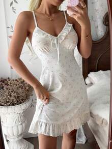 SHEIN Women's Romantic Floral Bow Tie Fitted Nightgown - Multicolor - View 6
