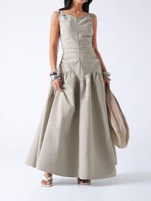 LYSMO 女士纯色圆领褶裥侧系腰带休闲无袖连衣裙 - 灰綠 - 查看 5