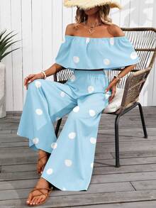 SHEIN Clasi Conjunto de 2 piezas con top hombros descubiertos y pantalones con estampado de lunares (patrón floral cortado al azar) - Celeste - Ver 6