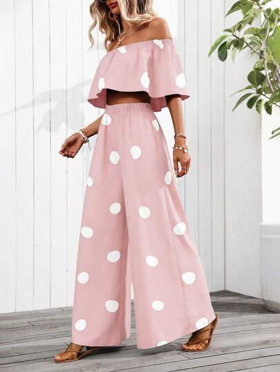 SHEIN Clasi Bộ đồ 2 món dành cho nữ, áo croptop chấm bi trễ vai và quần, thích hợp cho kỳ nghỉ.