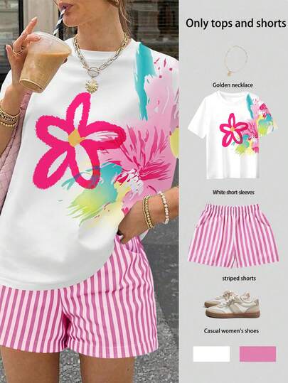 EMERY ROSE 两件套：多巴胺印花T恤+条纹短裤，Y2K风格水彩印花T恤+条纹短裤休闲套装，甜美少女彩色印花T恤+条纹短裤，夏季假日印花T恤+条纹短裤套装，复古美式水彩印花T恤+条纹短裤休闲套装
