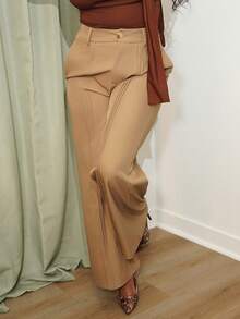 Chea Andrea Elegant Intellectual Brown Wide Leg Pants With Pleated Design For Women - Coffee Brown - View 3