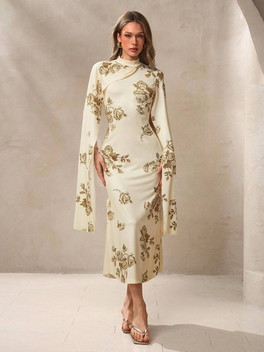 NOVVYNE 白色复古印花中长连衣裙，优雅修身剪裁，女士款 - 彩色 - 查看 1