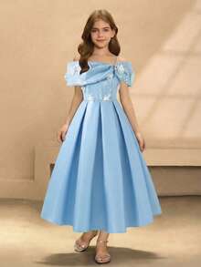 Tween Girl Off-Shoulder 3D Floral Decor Pleated Fashion Party Dress - Blue - View 4
